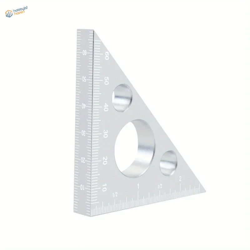 Silver aluminum square ruler with triangular shape, scales and cutouts
