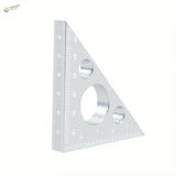 Silver aluminum square ruler with triangular shape, scales and cutouts