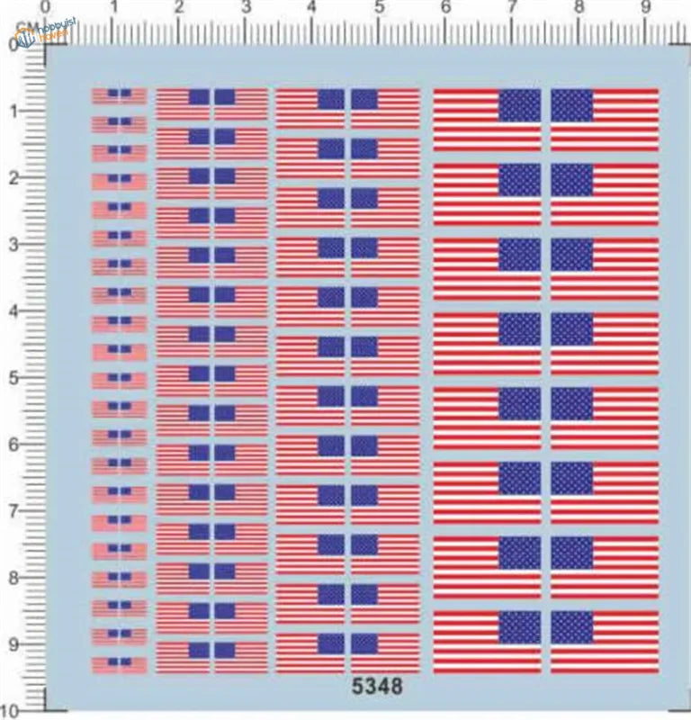 Sheet of American flags decals in red, white, and blue