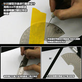 Silver 304 stainless steel angle gauge with degree markings and yellow adhesive strip for precise cutting in Angle Measuring / Masking Tape Cutting Tool