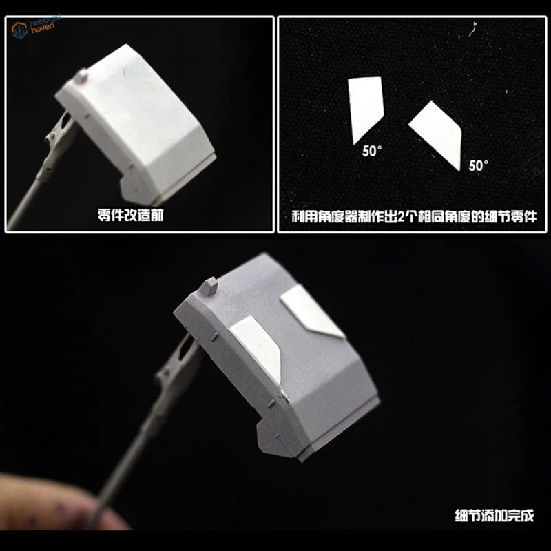Gray plastic angle measuring tool with two white 50-degree inserts