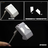 Gray plastic angle measuring tool with two white 50-degree inserts