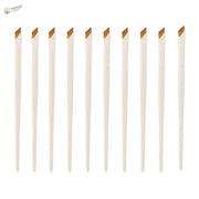 Ten angled liner brushes with white handles and slanted golden-brown bristles