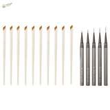 Ten angled liner brushes with white handles next to five ultra-fine liner brushes with slim metal handles