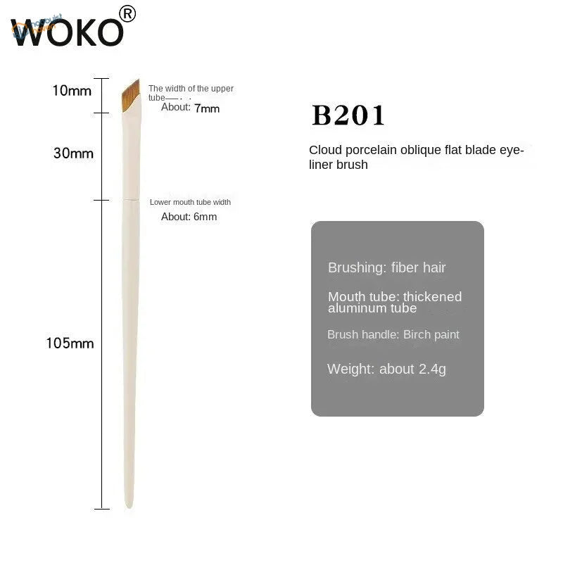 Angled liner brush with oblique flat blade, fiber hair, aluminum tube, birch handle