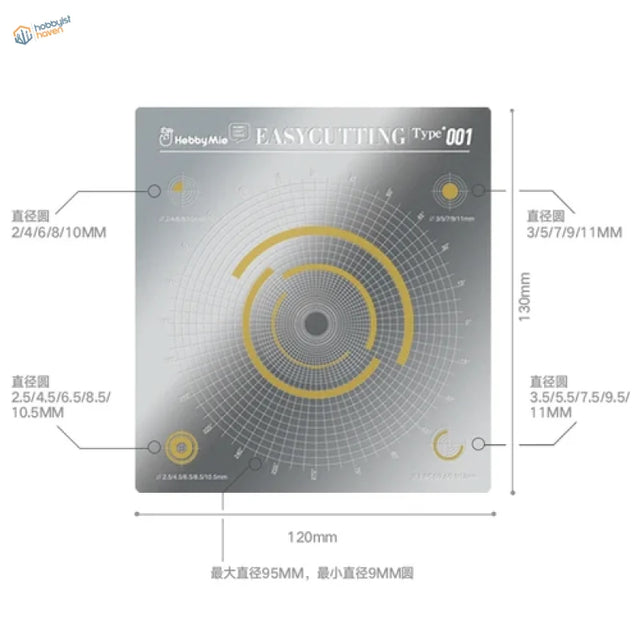 Silver stainless steel arcs circles cutting template with yellow guides