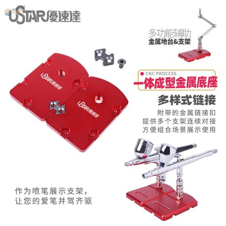 Red CNC-machined ustar airbrushes on articulated multifunctional stand