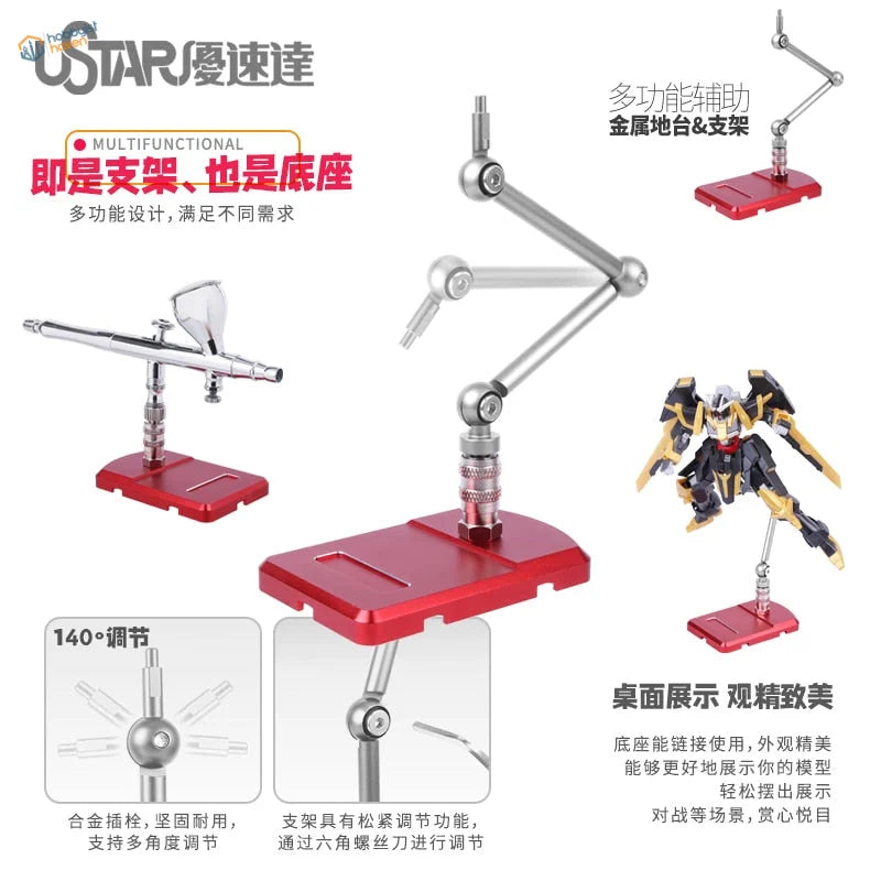 Red metallic base with adjustable silver arm on articulated multifunctional stand
