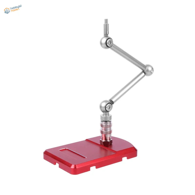 Red aluminum base with silver articulated arm on multifunctional stand