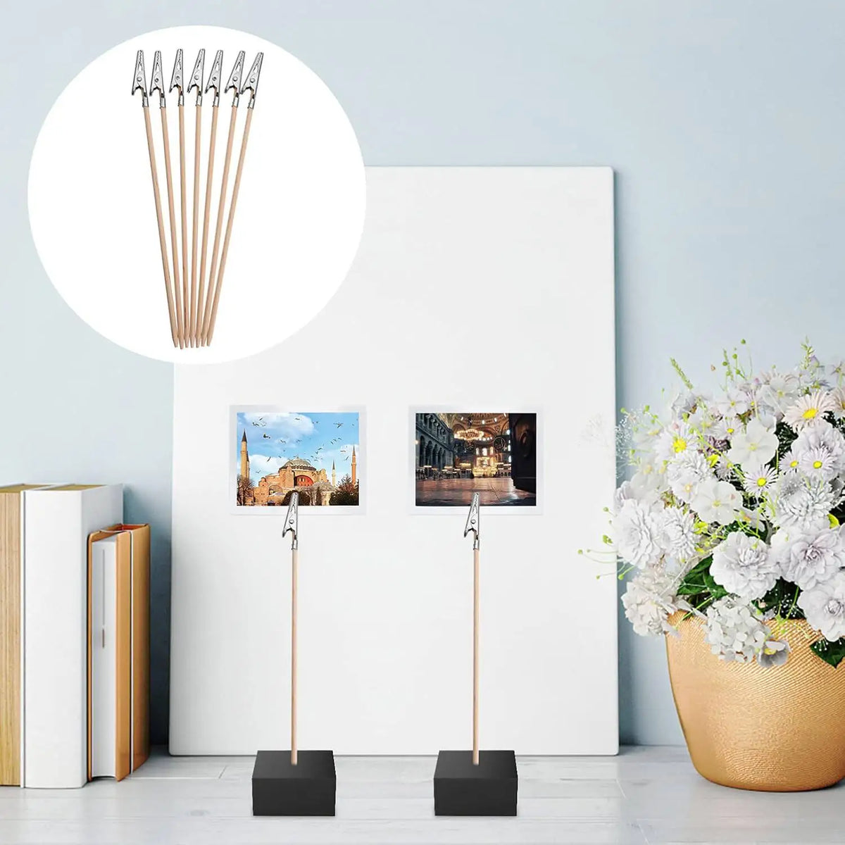 Six wooden photo stands with black bases and silver alligator clips