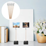 Six wooden photo stands with black bases and silver alligator clips