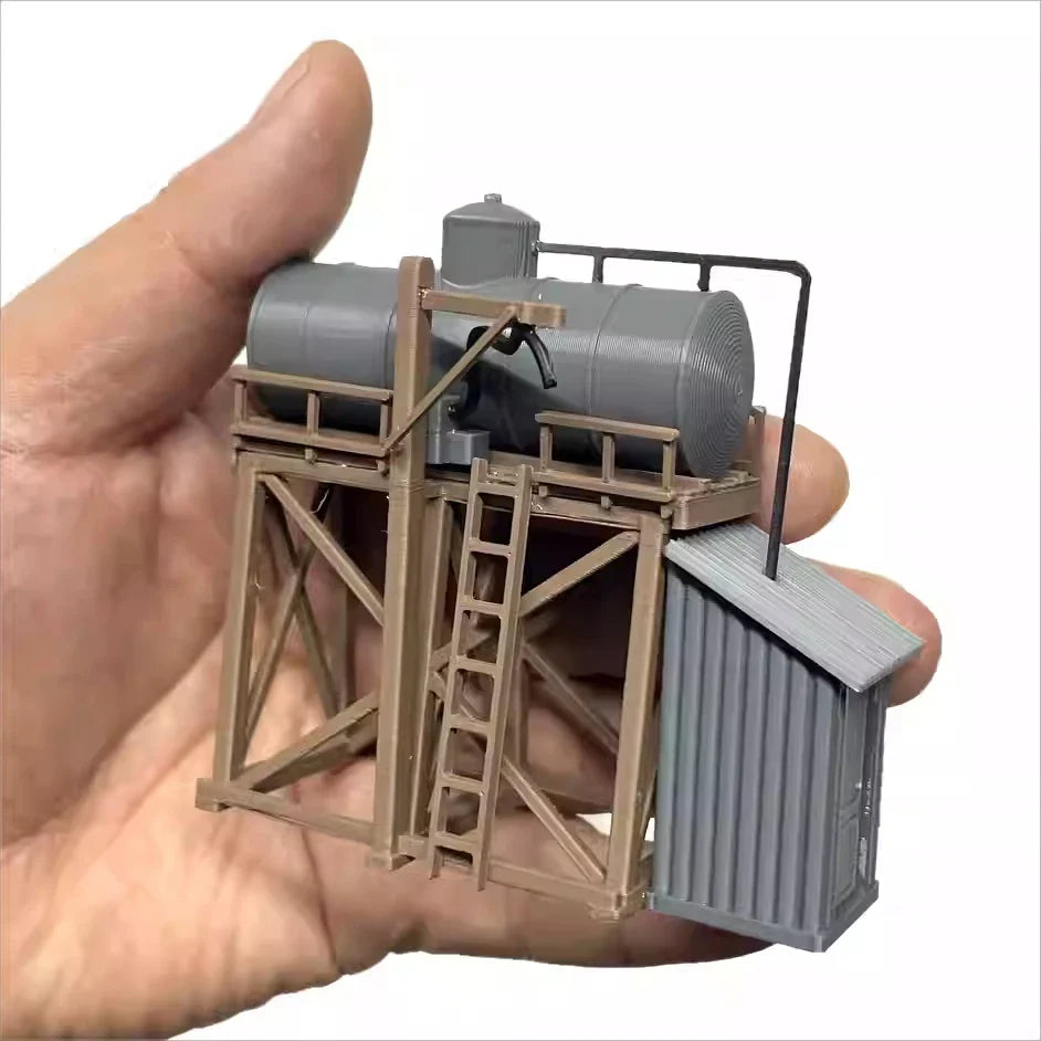 Ho scale 1 87 gray plastic storage tank kit with tan support structure and ladder for industrial modeling