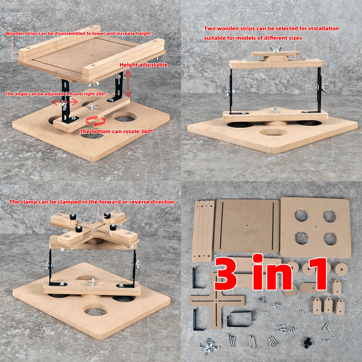 Adjustable wooden 3-in-1 clamp assembly with black metal hardware from cormake clamp kit for model building tools