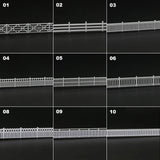 N scale white plastic garden fence panels with lattice-top picket and decorative designs for station platform models