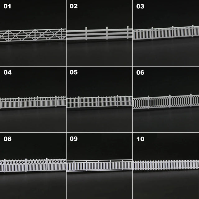 N scale white plastic garden fence panels with lattice-top picket and decorative designs for station platform models