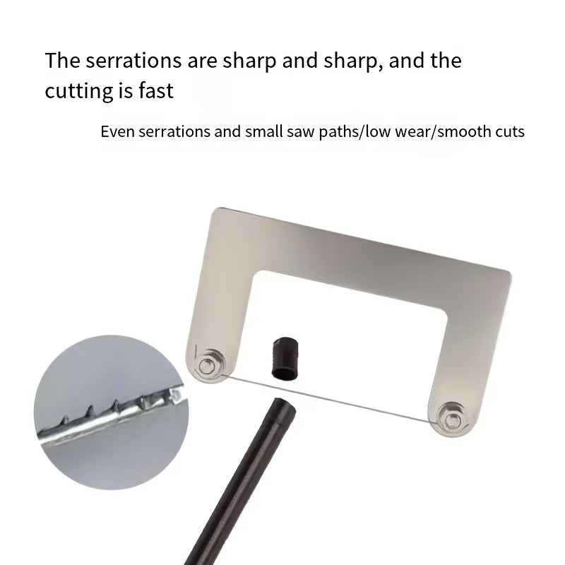 Silver metal mini wire saw with sharp serrations and thin wire blade for precise scale modeling tools and model building tools