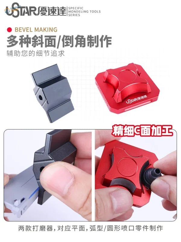 Red and black Bevel Sanding Tool with adhesive sanding paper for precise modeling