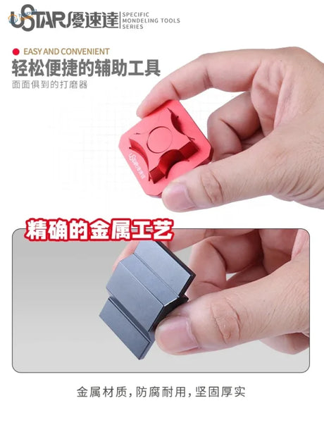Bevel sanding tool with red black metal design and adhesive sanding paper