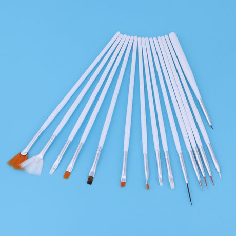 Set of 15 special shape brushes with white handles and assorted bristle colors