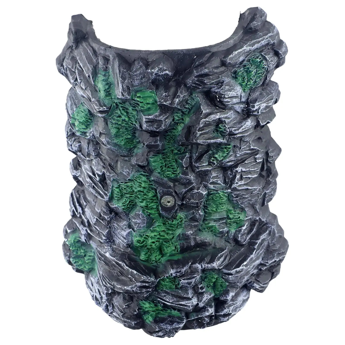 A rugged black and green resin mountain rock tunnel centerpiece with textured surface for model railway scenery