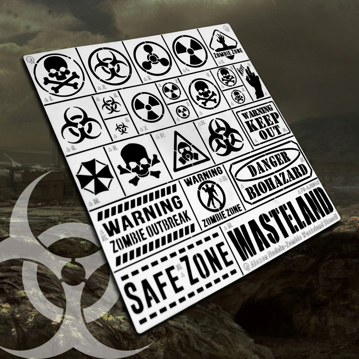 Zombie contamination stencil sheet for scale modeling tools