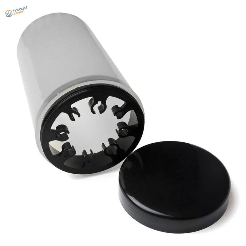 Silver brush cleaning bottle with black lid and clip interior