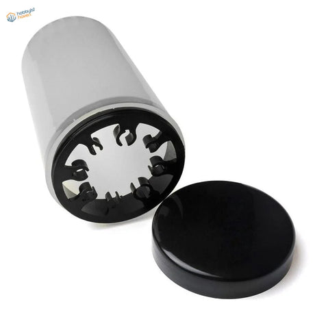 Silver brush cleaning bottle with black lid and clip interior