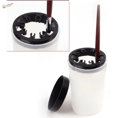 White brush cleaning bottle with black silicone lid and ring holding paintbrush