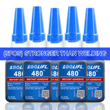 Five clear-bodied 20ml bottles of black cyanoacrylate adhesive with blue tops arranged in a row for instant bonding