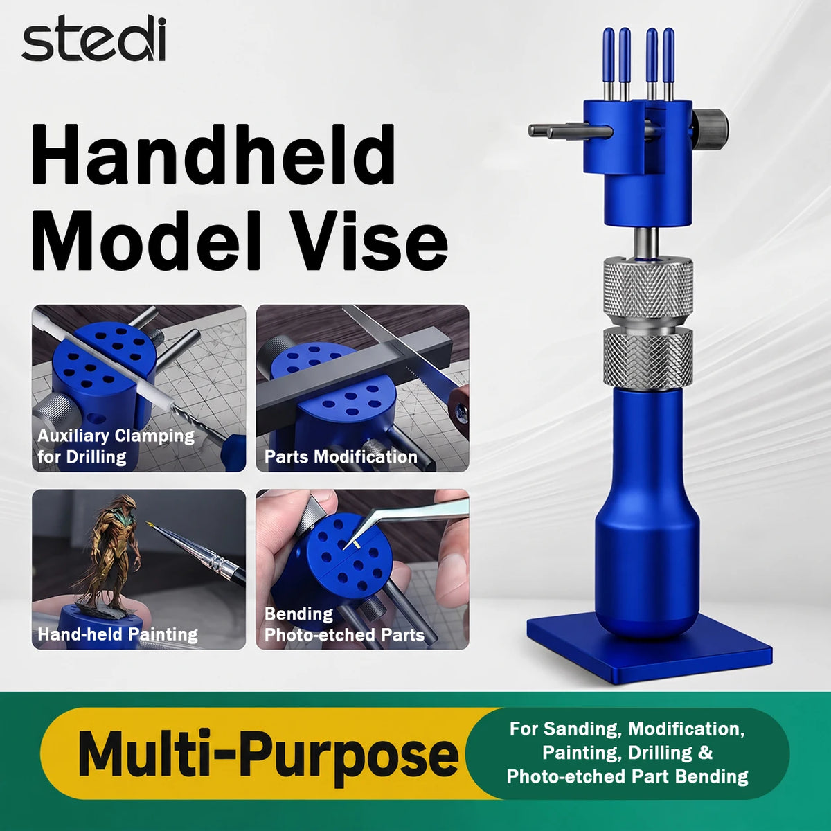 Stedi MS-206 blue handheld model vise with a four-panel overview of drilling, parts modification, hand painting and photo-etch bending
