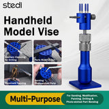 Stedi MS-206 blue handheld model vise with a four-panel overview of drilling, parts modification, hand painting and photo-etch bending