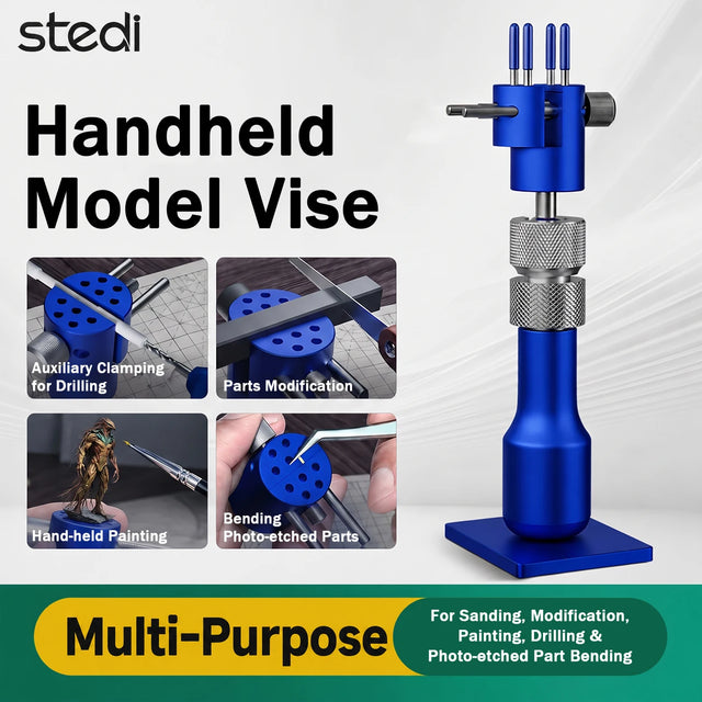 Stedi MS-206 blue handheld model vise with a four-panel overview of drilling, parts modification, hand painting and photo-etch bending