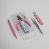 7pcs basic model building tool set with pink-handled precision hobby tools and metallic blades in clear plastic grid tray