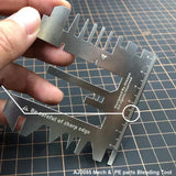 Photo etch bending tool with silver multi-tool, ruler markings, sharp edges