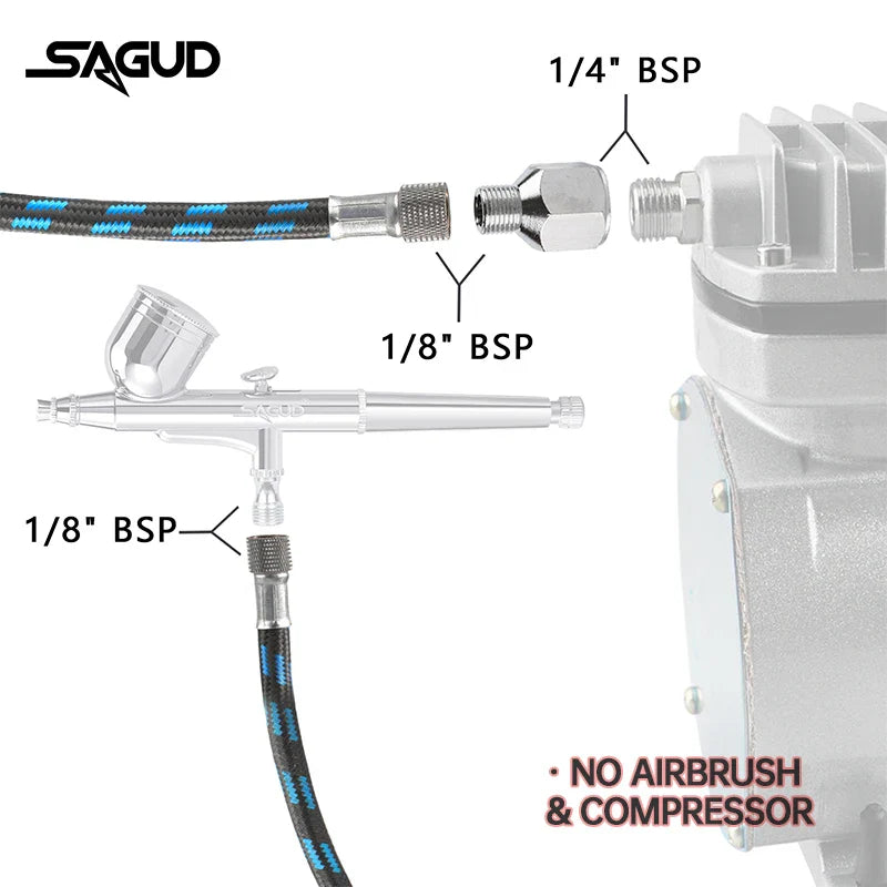 Silver sagud airbrush with chrome finish and black blue nylon braided hose designed for steady airflow in scale modeling tools