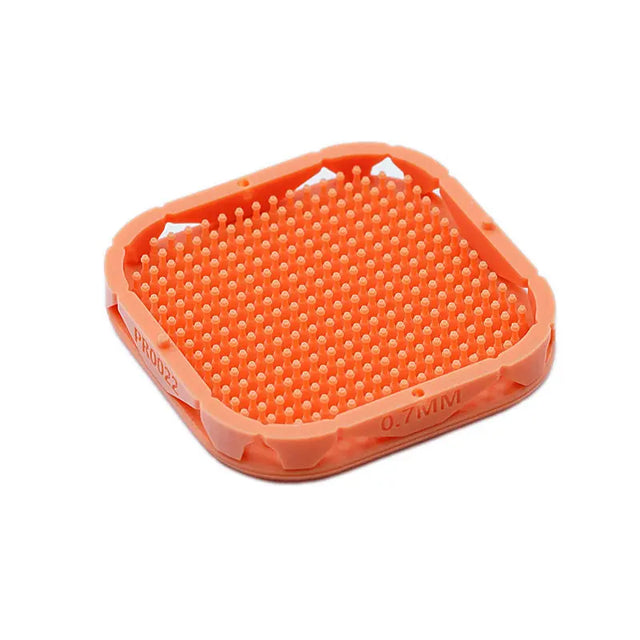 Orange plastic pet mat with printed recessed hex flange rivets grid