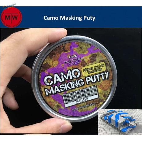 Camouflage masking putty in silver tin with purple, brown, green soft-edge label