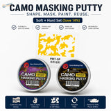 Two circular containers of camouflage masking putty in blue queen and zero black colors for soft-edge camouflages