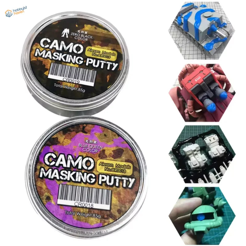 Two circular metal tins of camouflage masking putty labeled zero black color and blue queen color for soft-edge camouflages