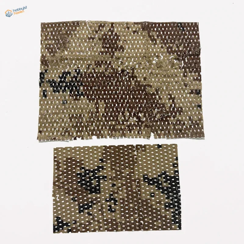 Camouflage netting fabric in brown and black mesh design made of flexible cloth for train layouts and scale dioramas