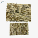 Two rectangular pieces of flexible metallic camouflage netting fabric in gold beige and dark brown for train layouts and scale dioramas