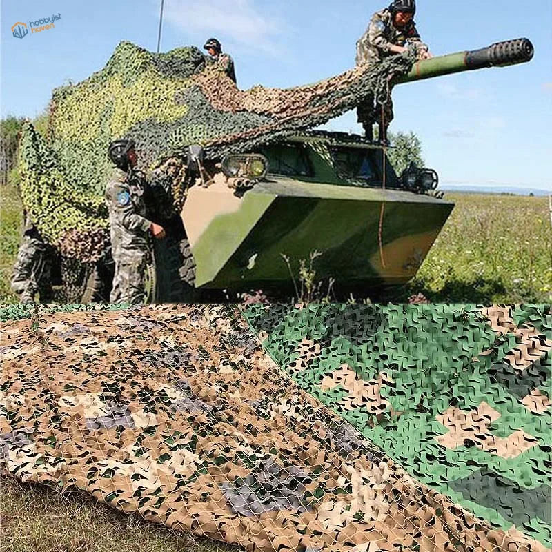 Camouflage netting fabric in flexible cloth with leafy green and brown pattern for train layouts and scale dioramas
