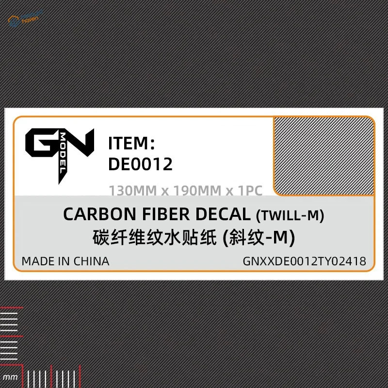 Carbon fiber simulating water-slide decal with diagonal twill-m weave