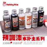 Six 50ml bottles of hobbymie surfacers evo model paint with metallic caps in gray black white and silver for precision hobby tools