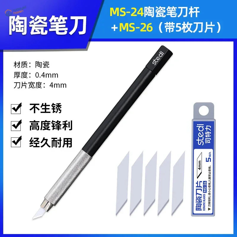 Black ceramic blade cutting knife MS-24 with silver grip and 4mm blade