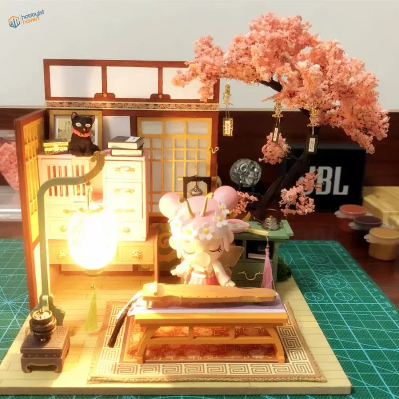 Scale model cherry tree in miniature Japanese-style dollhouse
