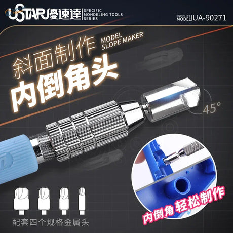 Silver and blue circular chamfering tool for 45-degree bevels