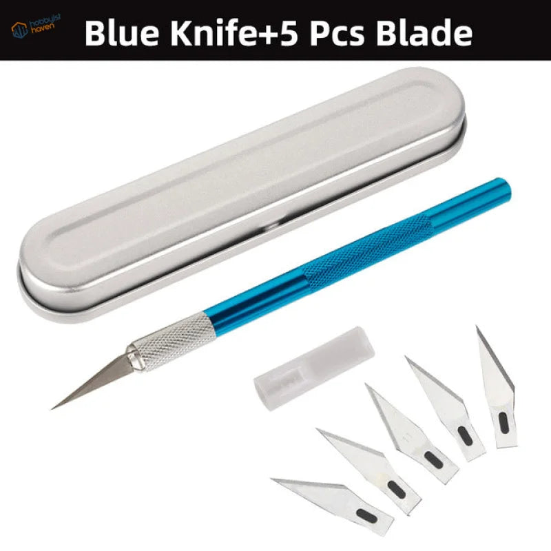Colorful aluminum knife set with blue-handled craft knife and 5 blades