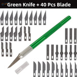 Green-handled colorful aluminum knife set with 40 blades