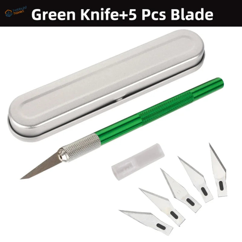 Green-handled colorful aluminum knife set with blades case